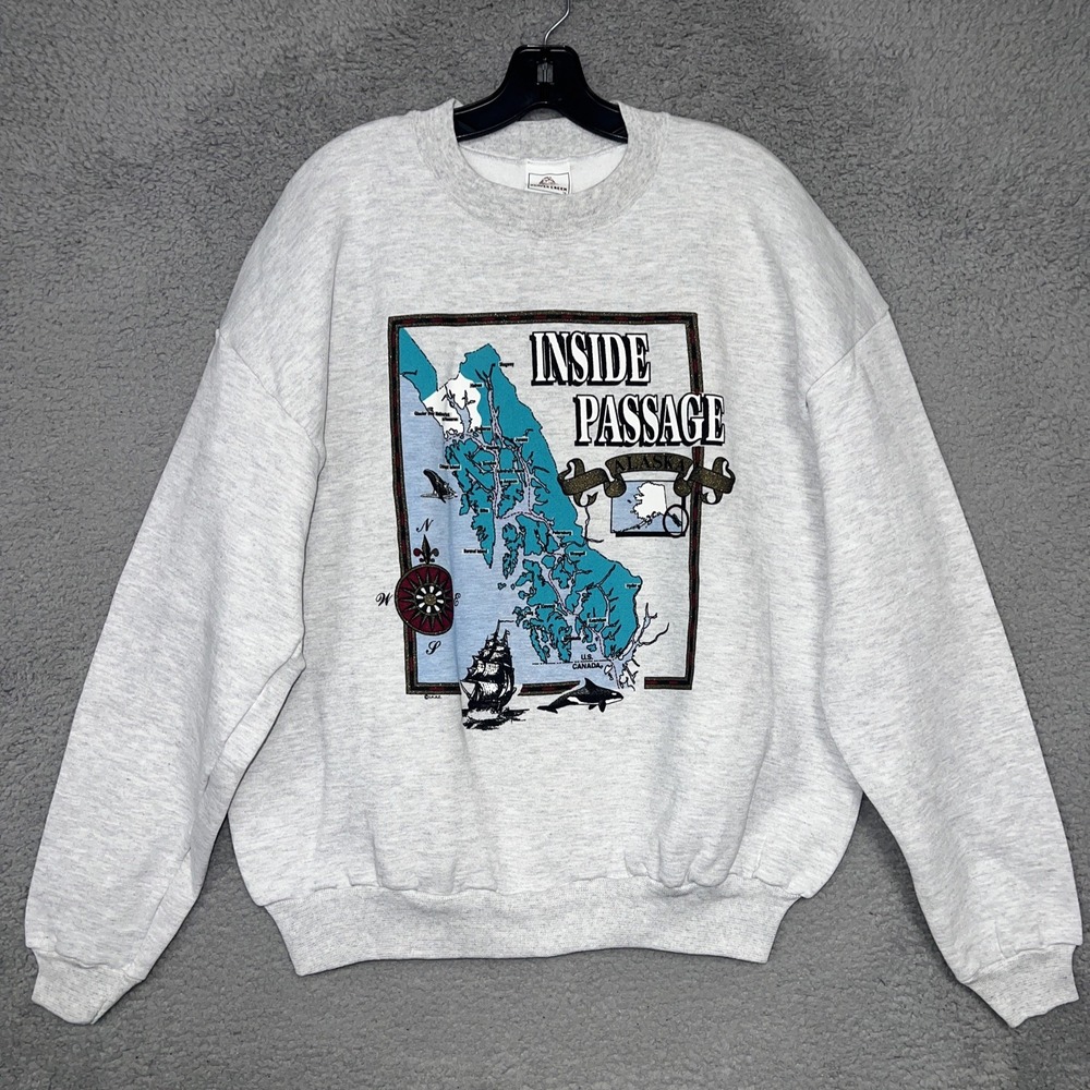 VTG Beaver Creek Alaska Sweatshirt Mens XL Gray Inside Passage Coastline Map 90s
